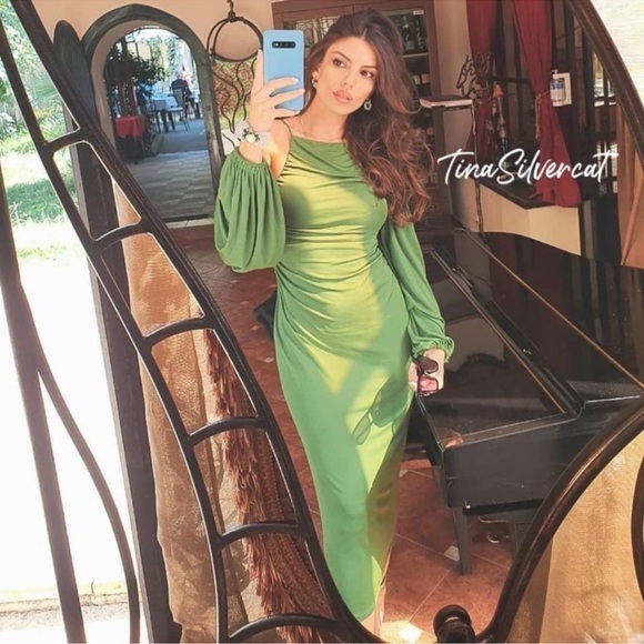 BLOGGERS FAVE!! Zara Long Dress With Gathered Details Green - Picture 9 of 17